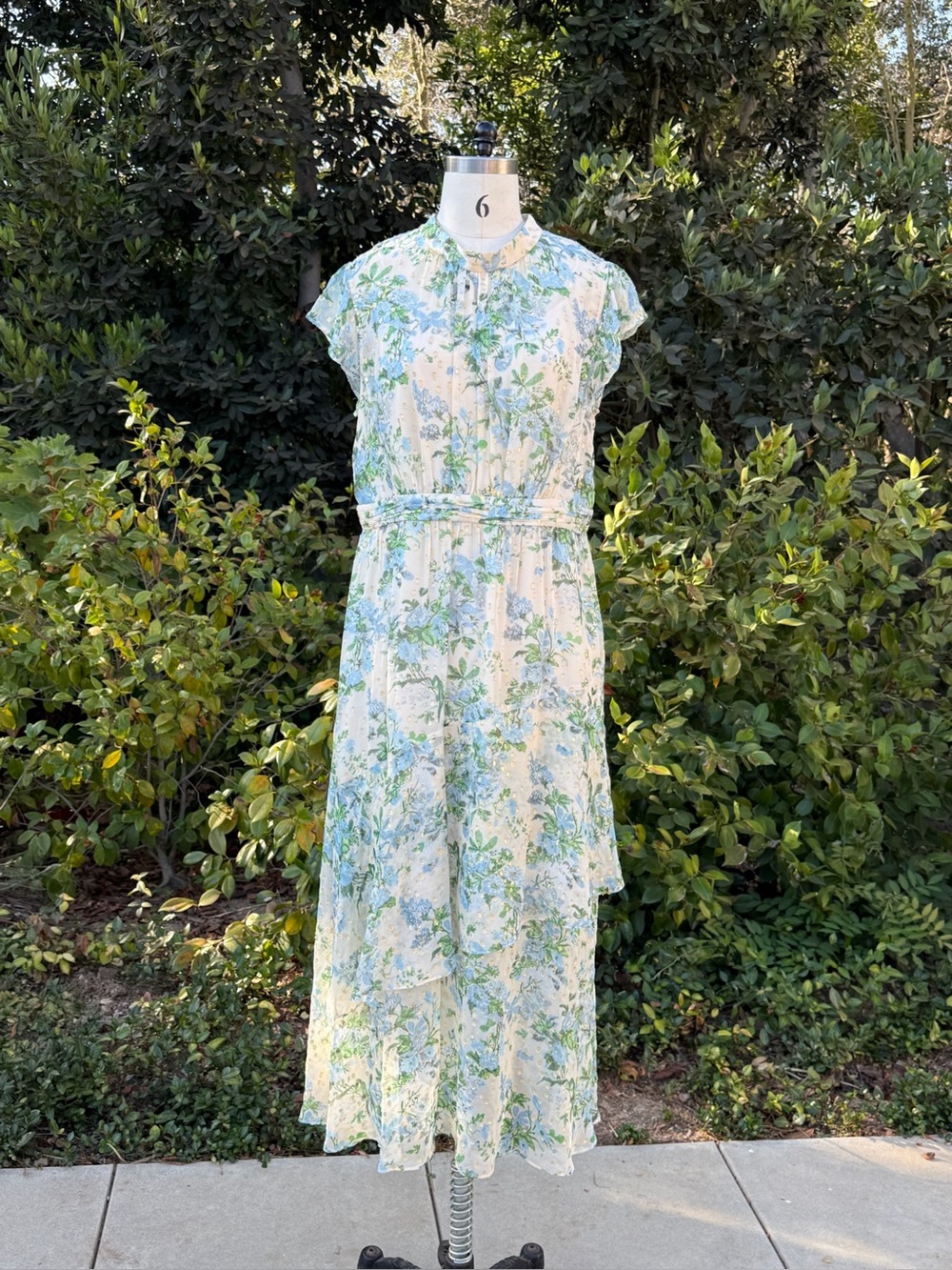 LK Bennett London "Robyn" tiered maxi dress with metallic accents - Size 14